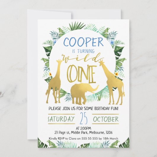 男の子の野生の1匹の金ゴールド動物の誕生日の招待状 招待状 (正面)