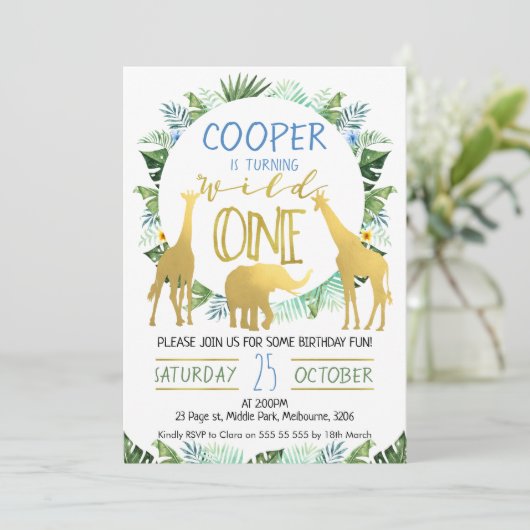 男の子の野生の1匹の金ゴールド動物の誕生日の招待状 招待状 (スタンド正面)