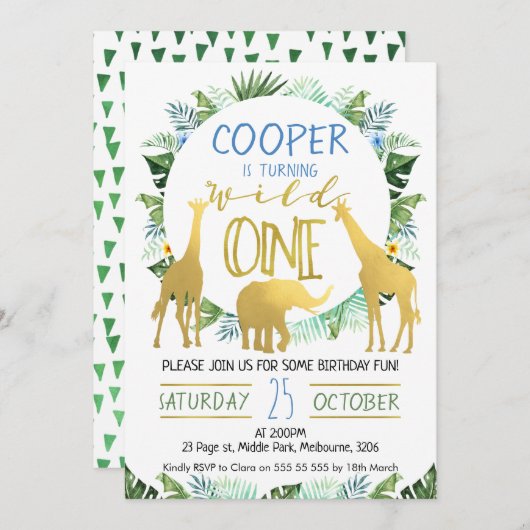 男の子の野生の1匹の金ゴールド動物の誕生日の招待状 招待状 (正面/裏面)