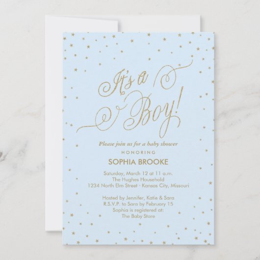 男の子の金ゴールドスターファンシーブルー男の赤ちゃんシャワー 招待状 (正面)