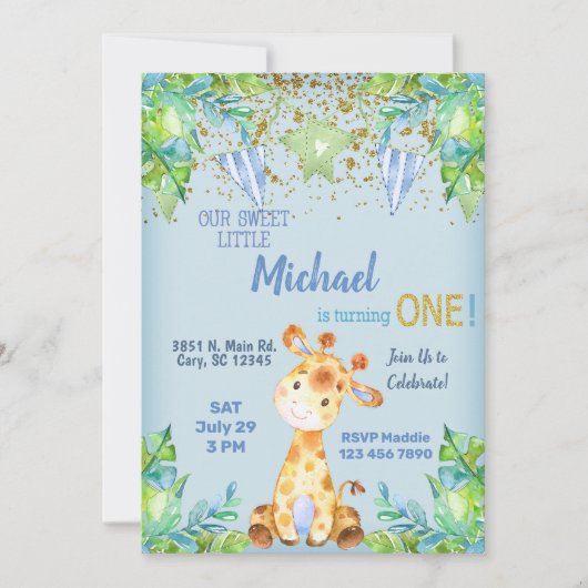 男の子の青いキリン 1歳の誕生日招待状 招待状 (正面)