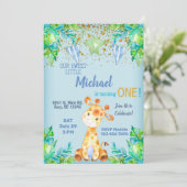 男の子の青いキリン 1歳の誕生日招待状 招待状 (スタンド正面)