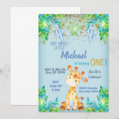 男の子の青いキリン 1歳の誕生日招待状 招待状 (正面/裏面)