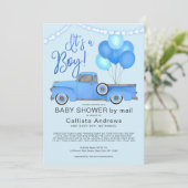 男の子の青いトラックの風船が赤ちゃんのシャワーを点灯 招待状 (スタンド正面)