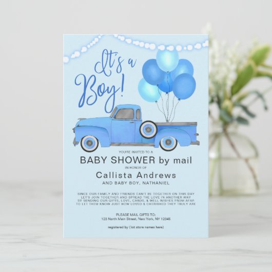 男の子の青いトラックの風船が赤ちゃんのシャワーを点灯 招待状 (スタンド正面)