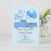 男の子の青いトラックの風船が赤ちゃんのシャワーを点灯 招待状 (スタンド正面)