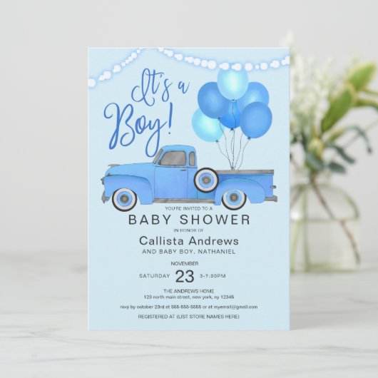 男の子の青いトラックの風船が赤ちゃんのシャワーを点灯 招待状 (スタンド正面)