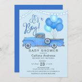 男の子の青いトラックの風船が赤ちゃんのシャワーを点灯 招待状 (正面/裏面)