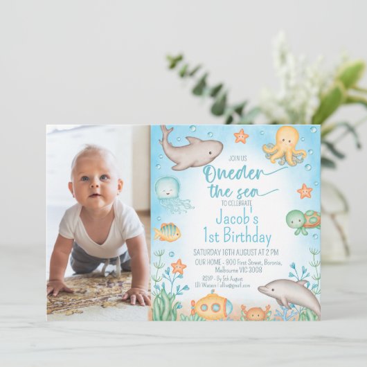 男の子の青い写真ワンダーザ海の最初の誕生日 招待状 (スタンド正面)