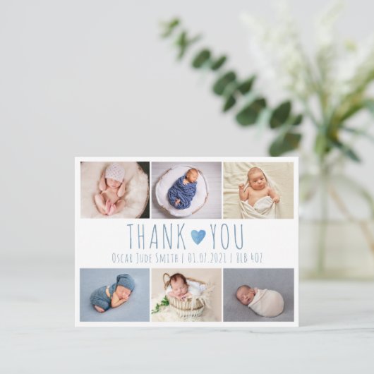 男の子の青い出生発表カードの写真 ポストカード (スタンド正面)