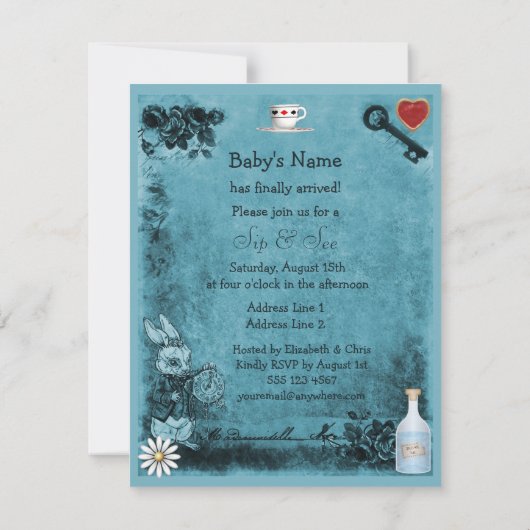 男の子の青い帽子屋の一口は及びベビーシャワーを見ます 招待状 (裏面)