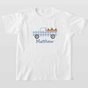 男の子の青い格子状のトラックとカボチャ Tシャツ