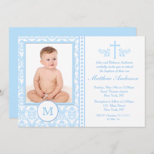 男の子の青い洗礼の招待状 招待状 (正面/裏面)