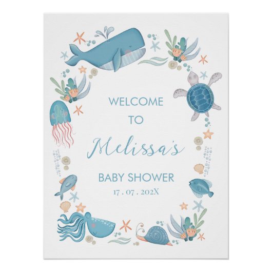 男の子の青い海海の下の赤ちゃんシャワー歓迎 ポスター (正面)