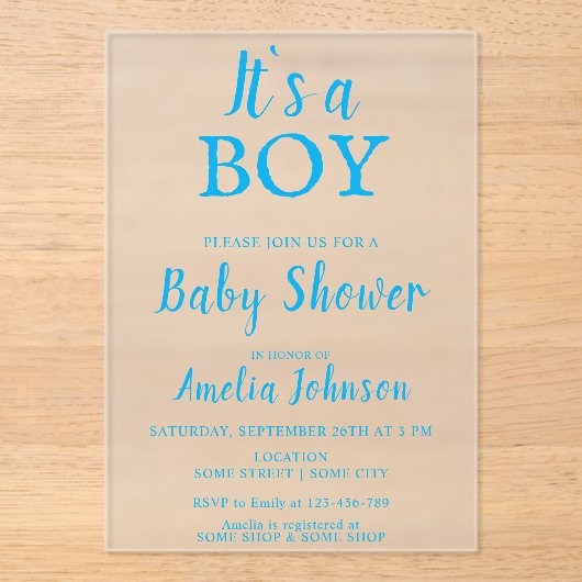 男の子の青い男の赤ちゃんシンプルの赤ちゃんシャワー アクリル招待状 (正面)