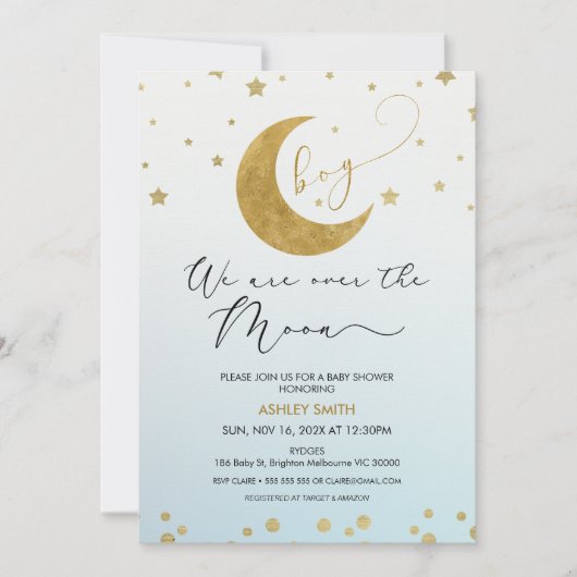 男の子の青い金ゴールド私たちは月の赤ちゃんシャワーの上にいる 招待状 (正面)