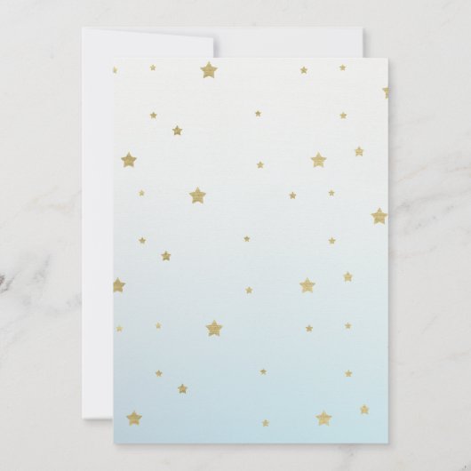 男の子の青い金ゴールド私たちは月の赤ちゃんシャワーの上にいる 招待状 (裏面)