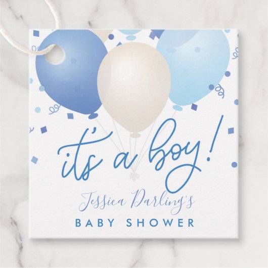 男の子の青い風船の赤ちゃんシャワーだ フェイバータグ (正面)