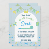 男の子の青い1歳の誕生日パーティー招待状 招待状 (正面/裏面)