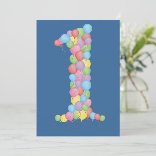 男の子の青の第1誕生会の気球の招待 招待状 (スタンド正面)