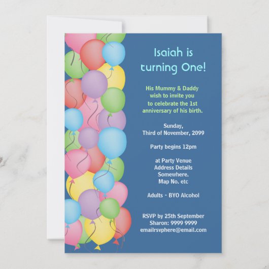 男の子の青の第1誕生会の気球の招待 招待状 (裏面)