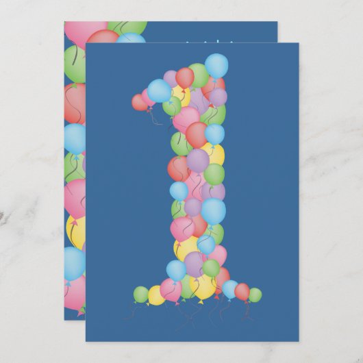 男の子の青の第1誕生会の気球の招待 招待状 (正面/裏面)
