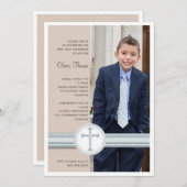 男の子の青|のベージュ写真の聖餐の招待状 招待状 (正面/裏面)