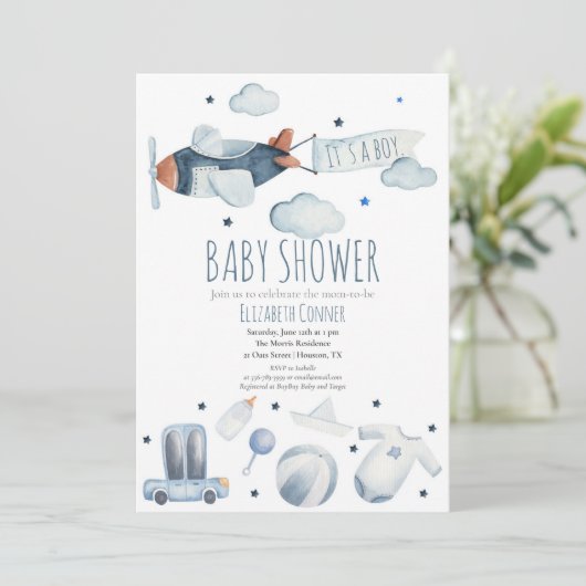 男の子の飛行機の水彩シャワー招待状 招待状 (スタンド正面)