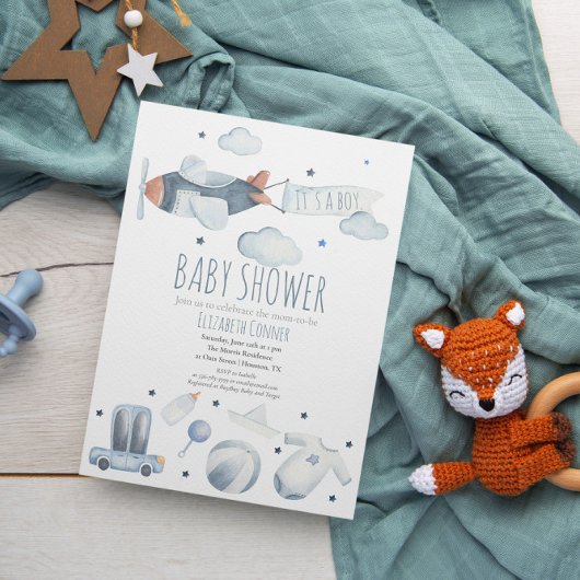 男の子の飛行機 水彩 シャワー招待状 招待状