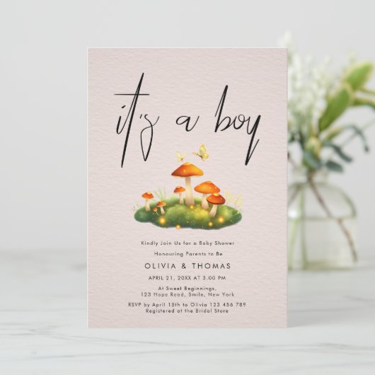 男の子の魔法のキノコの森の赤ちゃんシャワー 招待状 (スタンド正面)