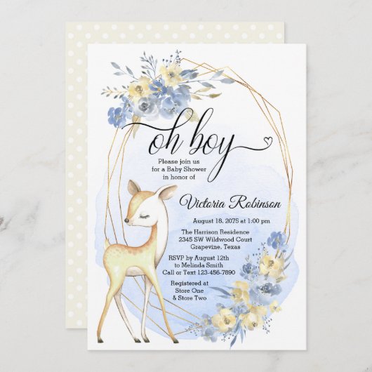 男の子の鹿オ男の子ベビーージュベビーージュベビーシャワー 招待状 (正面/裏面)