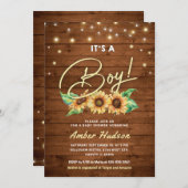 男の子の黄色いひまわりのベビーシャワーが散る 招待状 (正面/裏面)