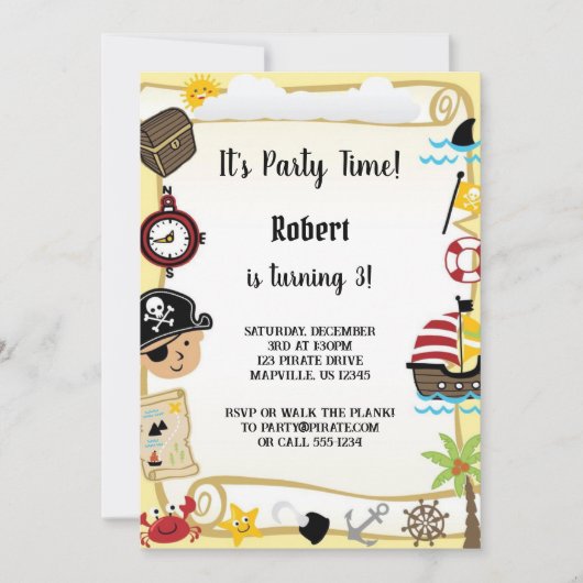 男の子の黄色海賊誕生日 招待状 (正面)