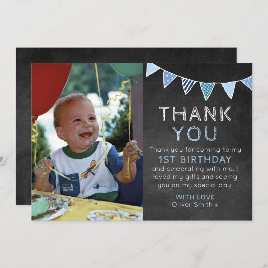 男の子の黒板の旗布の誕生日のサンキューカード サンキューカード (正面/裏面)