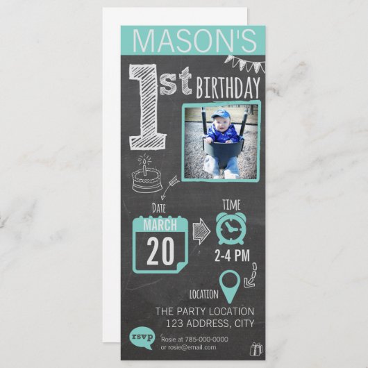 男の子の黒板の第1誕生日の招待状 招待状 (正面/裏面)
