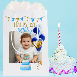 男の子の１歳の誕生日 青とゴールドの風船 かわいい ミディアムペーパーバッグ