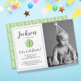 男の子の1歳の誕生日パーティーフォトキャンドルケーキ 招待状