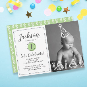 男の子の1歳の誕生日パーティーフォトキャンドルケーキ 招待状