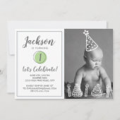 男の子の1歳の誕生日パーティーフォトキャンドルケーキ 招待状 (正面)