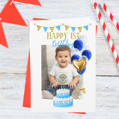 男の子の1歳の誕生日写真 青い金の風船 可愛い カード