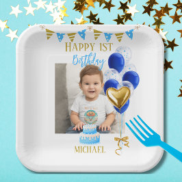 男の子の1歳の誕生日写真 青い金風船 可愛い ペーパープレート