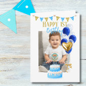 男の子の1歳の誕生日写真 青い金風船 可愛い ペーパープレート