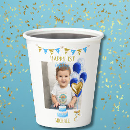 男の子の1歳の誕生日写真 青い金風船 可愛い 紙コップ