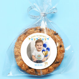 男の子の1歳の誕生日写真 青と金の風船 可愛い ラウンドシール