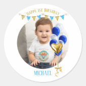 男の子の1歳の誕生日写真 青と金の風船 可愛い ラウンドシール (正面)
