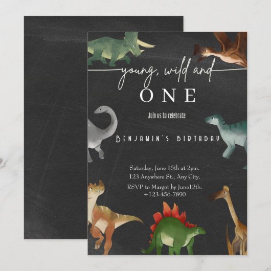 男の子の1歳の誕生日招待状 かわいい恐竜パーティー 招待状 (正面/裏面)