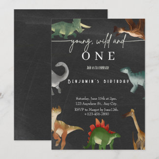 男の子の1歳の誕生日招待状 かわいい恐竜パーティー 招待状