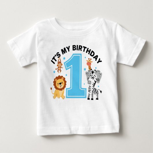 男の子の1歳の誕生日服 青の数字1 ベビーTシャツ (正面)