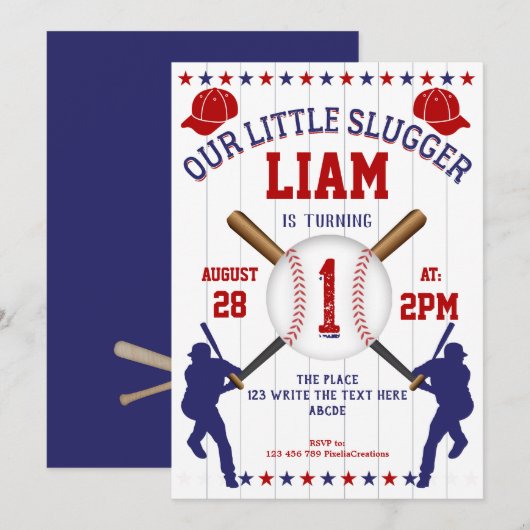 男の子の1歳の誕生日、スポーツの誕生日、野球 招待状 (正面/裏面)