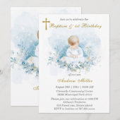 男の子の1歳誕生日と洗礼のお知らせ 招待状 (正面/裏面)